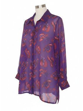 Vintage Indian Tropical Fashions Sheer Purple Button-Up Blouse Red Hat Print M